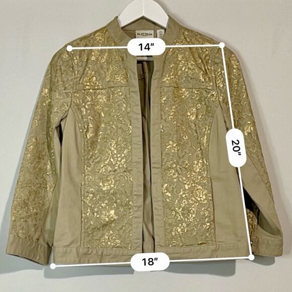 Chico’s Women’s Platinum Khaki Denim Floral Gold Metallic Jacket Size Small EUC - Picture 6 of 8